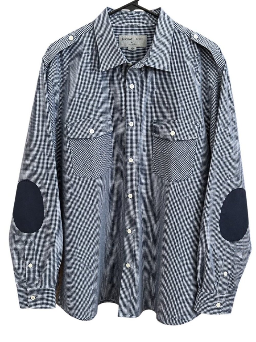 Michael Kors Mens Blue Gingham Button-Up Shirt With Elbow Patches & Front Pocket